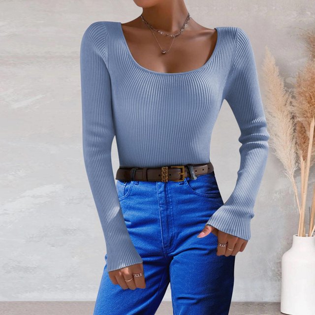 PMUYBHF Combinaison Chandail pour Femme Femmes Couleur Unie Col en U Chandail Tricoté Chandail à Col Roulé de Base Hauts L