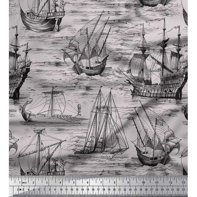Soimoi Modal Satin Fabric Waves & Ship Ocean Print Fabric by The Yard 42 Inch Wide