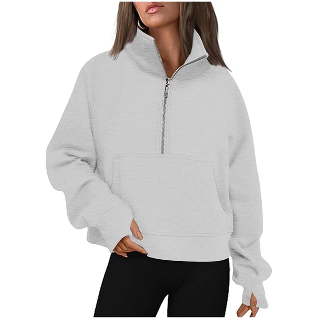 Womens Half Zip Hoodies Plus Size Fleece Sweatshirt Thumb Hole Cropped Pullover Fall Winter Tops