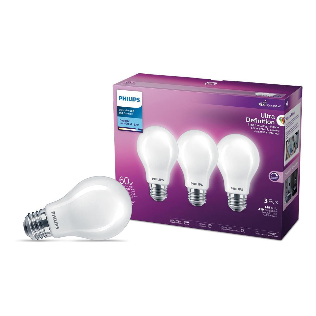 Philips LED Ultra Definition 60W A19 Daylight Glass Frosted 3-Pack