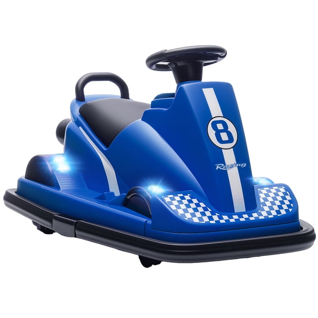 Qaba Auto Tamponneuse pour Enfants avec Rotation à 360°, Moteurs Doubles, Musique, Bleu. un Jouet Électrique à Chevaucher Bleu Vif avec Autocollants de Course, Bords de Pare-Chocs en Caoutchouc Protecteurs et Lumières Clignotantes. Comprend un Volant, des Moteurs Doubles 6V pour des Pirouettes à 360 Degrés Exaltantes, et un Démarrage en Douceur pour une Accélération Plus Sûre. Idéal pour les Enfants de 3 à 8 Ans, Supporte jusqu'à 66 Lb. Parfait pour Jouer à l'Intérieur Ou à l'Extérieur