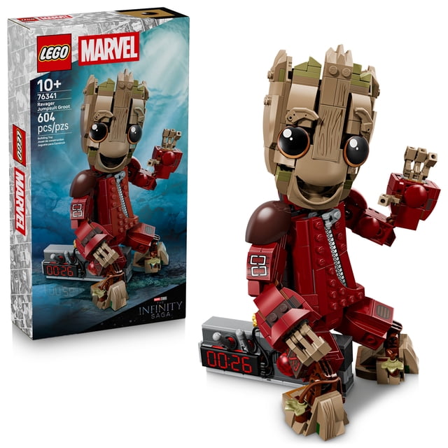 LEGO Marvel Ravager Jumpsuit Groot Building Toy for Boys & Girls - Poseable Display & Play Figure W/Detonator Device & Adjustable Eyebrows for Kids, Ages 10+ - Gift Idea for Birthdays - 76341 Front-facing poseable Baby Groot figure in a Ravager jumpsuit from Guardians of the Galaxy, built from 604 pieces and standing over 10 in. (25 cm) tall. Visible brick texture and articulated shoulders, arms, fingers, hips, feet and neck; includes a detonator accessory with two buttons and two movable levers and adjustable eyebrows for varied expressions. Often used as a desk or shelf display for Marvel fans.