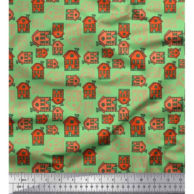 Soimoi Green polyester Crepe Fabric House Architectural Print Sewing Fabric Yard 42 Inch Wide