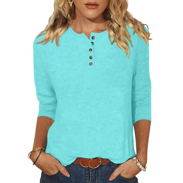 Yuyuzo Womens 3/4 Sleeve Tops Basic Button Crew Neck Solid Color Loose Fitted Tunics Tee Blouses