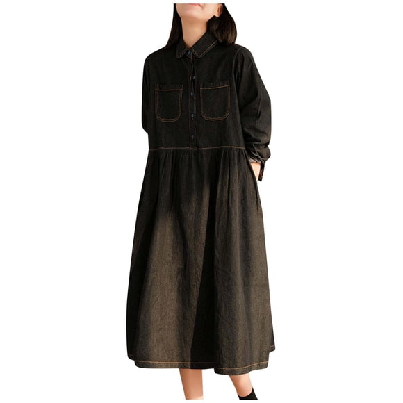 Cowl Neck Dress for Women Denim Dress for Women Midi, Ladies 2025 Loose Casual Long Sleeve Button Jean Shirt Dresses with Pockets Work Dresses for Women Black XXL
