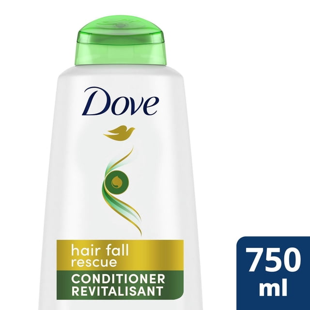 Dove Hair Fall Rescue Conditioner bottle with white body and green flip-top cap, featuring gold and green label accents, formulated to nourish weak and fragile hair, reduce hair fall, detangle, and improve manageability for fuller hair.
