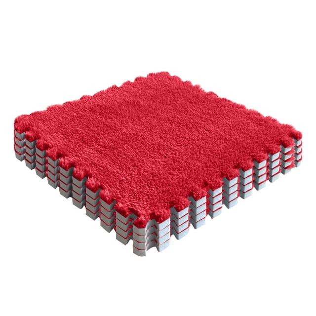 Dvruxg Foam Carpet Tiles - 12 x 12 Inch, red suede surface with interlocking edges for secure assembly. High-density cotton wool and EVA backing provide slip resistance, moisture protection, and cold-proof insulation. Suitable for accent rugs, protective floor mats, or exercise areas in rooms, homes, or classrooms.