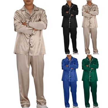 Bovxnpu Mens Pajamas Set,Casual Sleepwear Pjs Loungewear Sets,Satin Silk Men Pajamas Long Sleeve Long Pants Pajama Set Nightshirt Casual Pijama Comfy Sleepwear