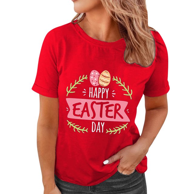 Pxiakgy Liquidation! Joyeuses Pâques! T-Shirts pour Femmes, T-Shirt Graphique Lapin de Pâques, T-Shirts de Vacances Œuf de Pâques, Mode Féminine Col Rond Manches Courtes Imprimé de Pâques Rouge P