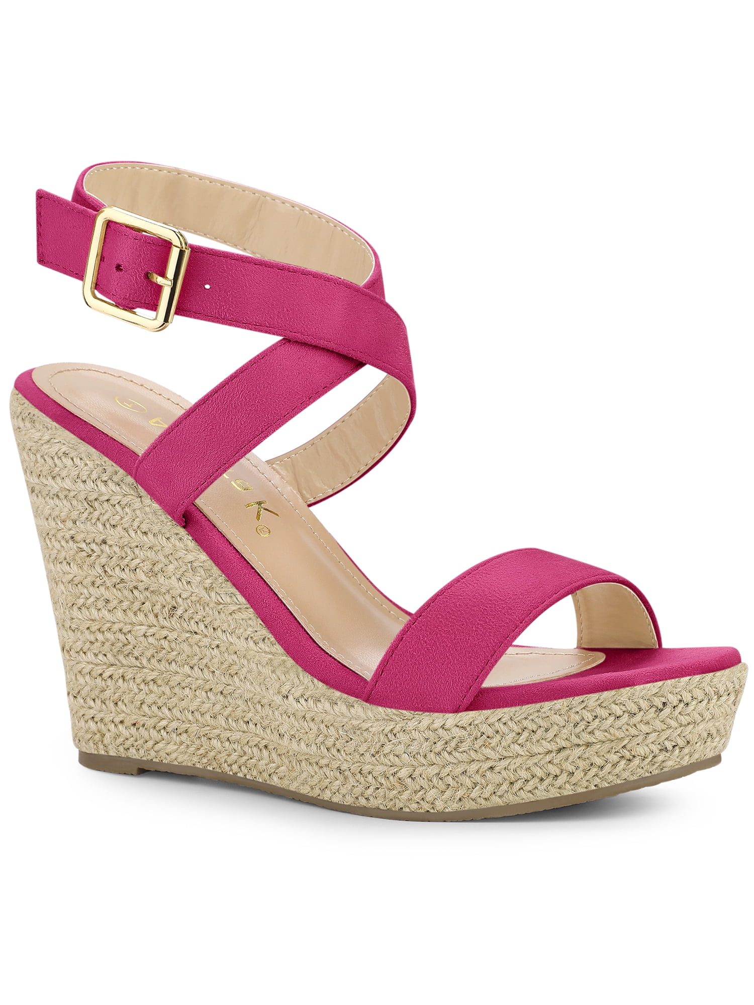 BLISSFUL STEP Chaussures pour Femmes Sandales Espadrilles à Talon Compensé Slingback à Brides Croisées Rose Vif 7