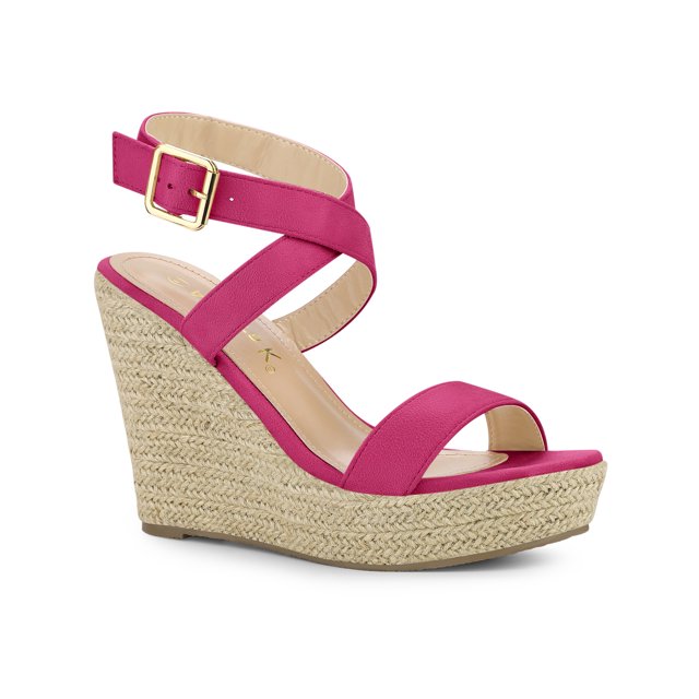 BLISSFUL STEP Chaussures pour Femmes Sandales Espadrilles à Talon Compensé Slingback à Brides Croisées Rose Vif 7