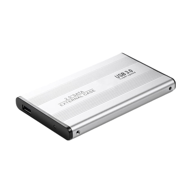 Enqiretly 2TB laptop hard drive in a sleek silver aluminum alloy casing, featuring waterproof and scratch-resistant properties. This portable external hard drive offers USB 3.0 compatibility for fast data transfer, shockproof durability, and hot-swappable functionality. Compact dimensions of approximately 12 x 8 x 1 cm make it ideal for travel and on-the-go use.
