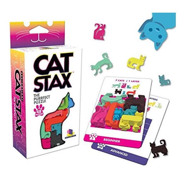 Brainwright Brain Wright CAT Stax - le Casse-Tête Parfait, un Casse-Tête Logique Empilable Comprenant des Pièces Colorées en Forme de Chat de Tailles Variées, Présenté avec des Cartes de Défi pour les Niveaux Débutant et Avancé et une Boîte Blanche avec une silhouette de Chat Remplie de Pièces de Casse-Tête.