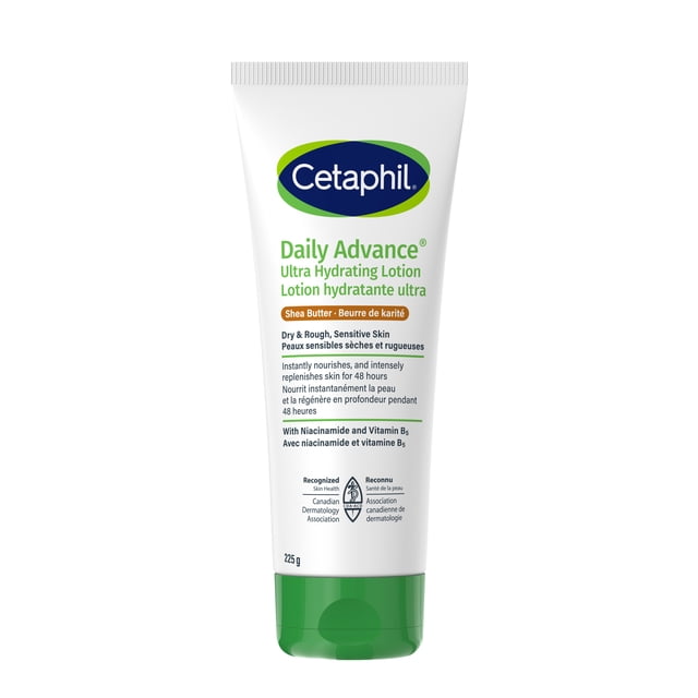 Cetaphil DailyAdvance Lotion Ultra Hydratante avec Beurre de Karité et Vitamine E en tube Blanc de 225 g avec Capuchon Rabattable Vert, Conçue pour la Peau Sèche et Sensible, Offrant 48 Heures d'Hydratation et une protection de la Barrière Cutanée, Reconnue par l'Association Canadienne de Dermatologie, Convient à l'Hydratation Quotidienne du Visage et du Corps.