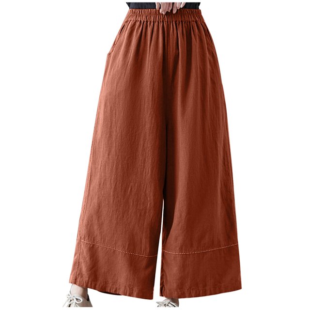 Birdeem Womens Spring Solid Color Elastic Waist Cotton Linen Versatile Straight Tube Casual Wide Leg Pants