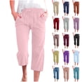 thumbnail image 1 of QATAINLAV Linen Casual Pants for Women Summer Wide Leg Cropped Pants Loose Drawstring Straight Capris Beach Pants 2025 Solid Color Capri Trousers with Pockets Sales Today Coffee 5XL, 1 of 6