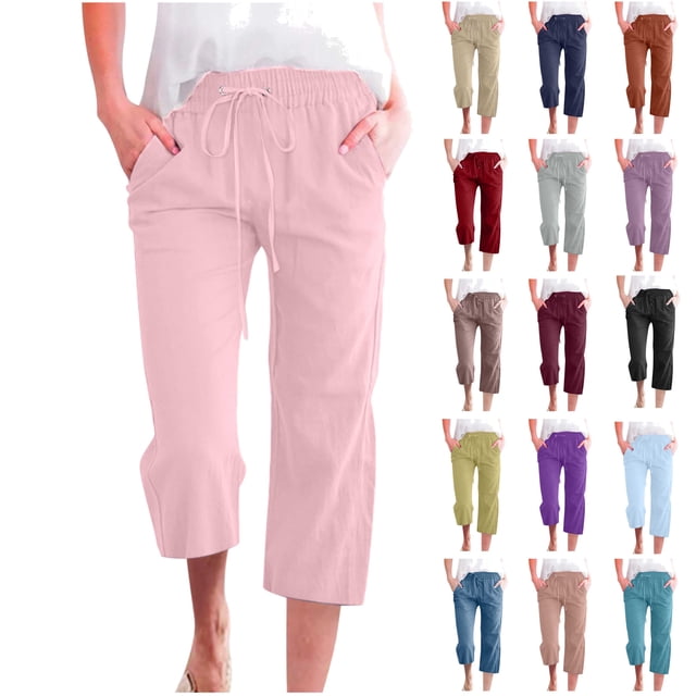QATAINLAV Linen Casual Pants for Women Summer Wide Leg Cropped Pants Loose Drawstring Straight Capris Beach Pants 2025 Solid Color Capri Trousers with Pockets Sales Today Coffee 5XL