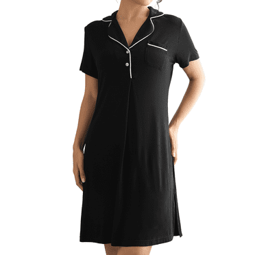 INNERSY Chemise de Nuit pour Femme à Manches Courtes, Boutonnée, Douce, Col en V, Chemise de Sommeil pour Femmes (m, Noir)