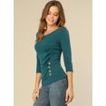 thumbnail image 2 of INSPIRE CHIC Women's Button Decor V Neck 3/4 Sleeve Solid Blouse Knitted Ruched Top, 2 of 6