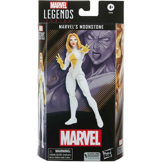 Marvel Legends 6 Inch Action Figure Exclusive - Moonstone by Hasbro. This collectible action figure features Moonstone in a white and yellow costume with articulated joints for dynamic posing. Packaged in a Marvel Legends Series box with bold branding and safety warnings, suitable for ages 4 and up.