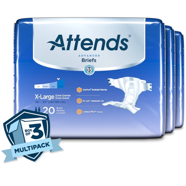 Attends Culottes Avancées - Très Grand - Caisse de 60 Pcs, avec Absorption Maximale, Matériaux Respirants, Indicateur d'Humidité, Protection contre les Odeurs et Technologie super Absorbante. Emballées en un multipack de Trois, Chaque Contenant 20 Culottes, Conçues pour des Tailles de Taille 58-63 Pouces (147-160 cm).