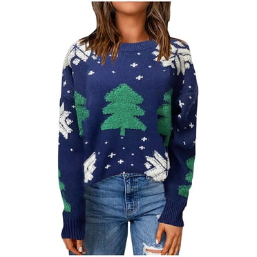 RKSTN Ugly Christmas Sweater for Women Fall Fashion 2023 Christmas Printed Long Sleeve Knitted Sweaters Pullove Round-Neck Casual Sweater Tops