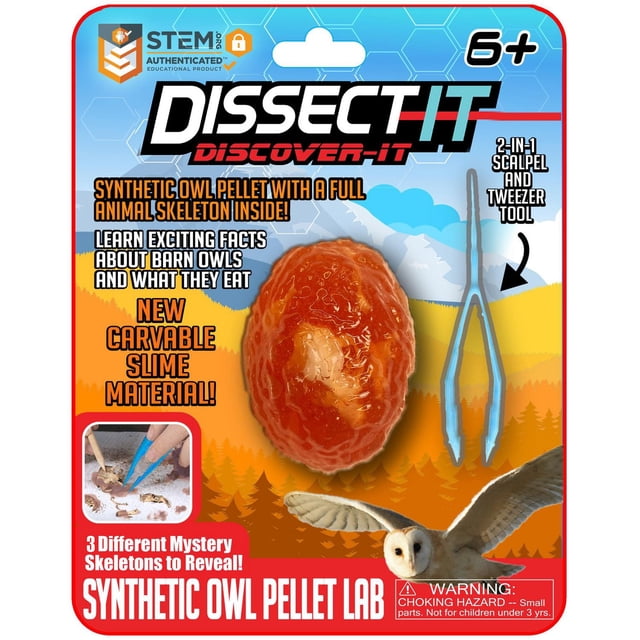 Dissect It - Discovery Line - Ensemble Scientifique de Laboratoire de Granules Synthétiques de Hibou avec un Granule de Hibou Synthétique Orange-Brun Type Gélatine Contenant un Squelette d'Animal Caché, Incluant un Bistouri 2-en-1 et un Outil Pince, table de dissection Pliable, et guide Éducatif sur les Hiboux des Granges et Leur Régime pour Enfants 6+.