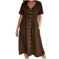 thumbnail image 1 of QUYUON Robe en Lin Femme Été Décontractée Col en V Manches Courtes Chemise Boutonnée Robes Invitée de Mariage Cocktail Fête Robe Trapèze Mini avec Poches Robe de Plage Soleil Style D-3425 Café m, 1 of 8