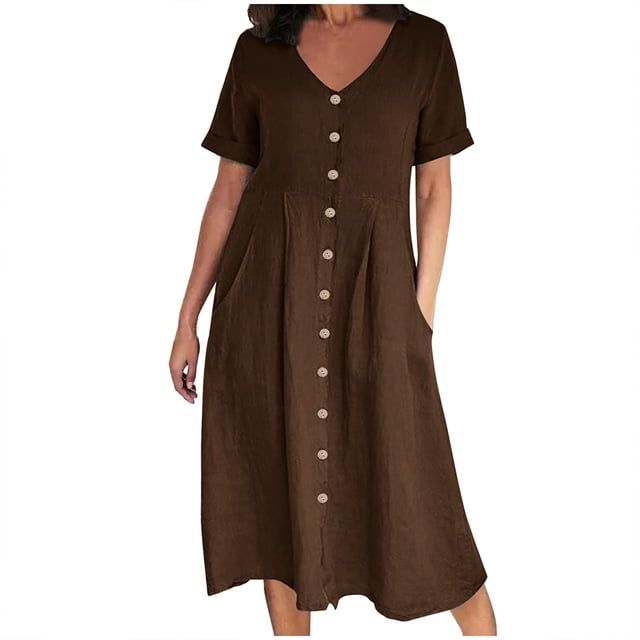 QUYUON Robe en Lin Femme Été Décontractée Col en V Manches Courtes Chemise Boutonnée Robes Invitée de Mariage Cocktail Fête Robe Trapèze Mini avec Poches Robe de Plage Soleil Style D-3425 Café m