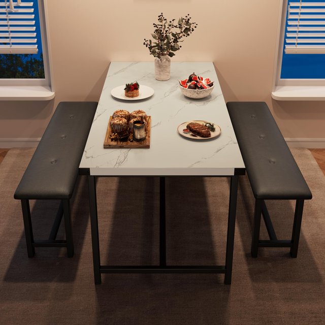 BeesClover Dining Table with 2 Benches, Dining Room Table Set for 4, Kitchen Table with 2 Upholstered Benches Rectangular Space Saving for Apartment, Dining Room, Kitchen, 44.5 Inches Large