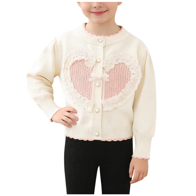 RXMEKW Heart Bow Pearl Button Knit Cardigan for Girls Long Sleeve Sweater for Kids Cream