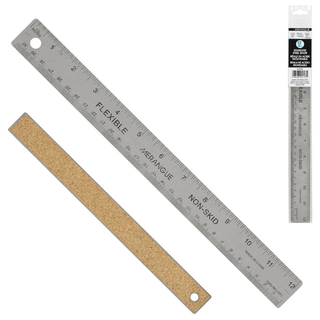 Merangue Stainless Steel Ruler, 12-Inch/30cm, Pack of 6, a flexible stainless steel ruler with etched imperial and metric measurements, cork backing to protect surfaces, and a hang-up hole for storage, displayed with its packaging.