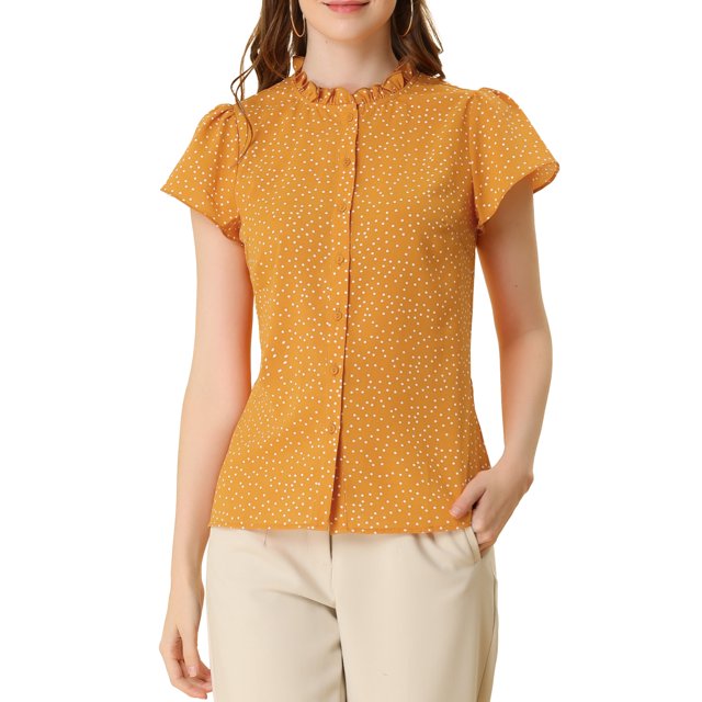 INSPIRE CHIC Women's Summer Dots Print Ruffle Stand Collar Button Down Blouse Shirts S Dark Yellow