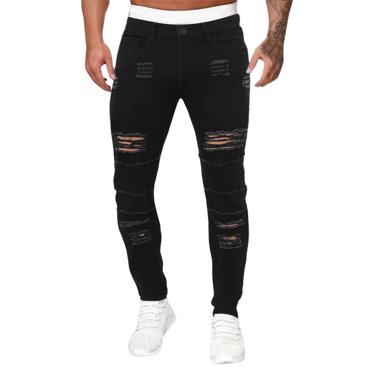 B91xZ Men's and Big Men's Regular Fit Jeans Ripped Stretchy Knee Holes Slim Fit Tapered Leg Denim Pants,Black 36