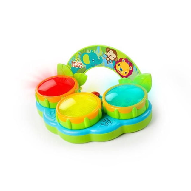 Bright Starts Safari Beats™ Musical Toy with three colorful light-up drums in red, yellow, and blue on a green base featuring jungle animal illustrations of an elephant, monkey, and lion, designed for interactive drum and melody play.