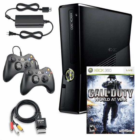 Restored Xbox 360 S 4GB Game Console Black with Call of Duty World at War and 2 Retrofam Black Controllers (Refurbished)