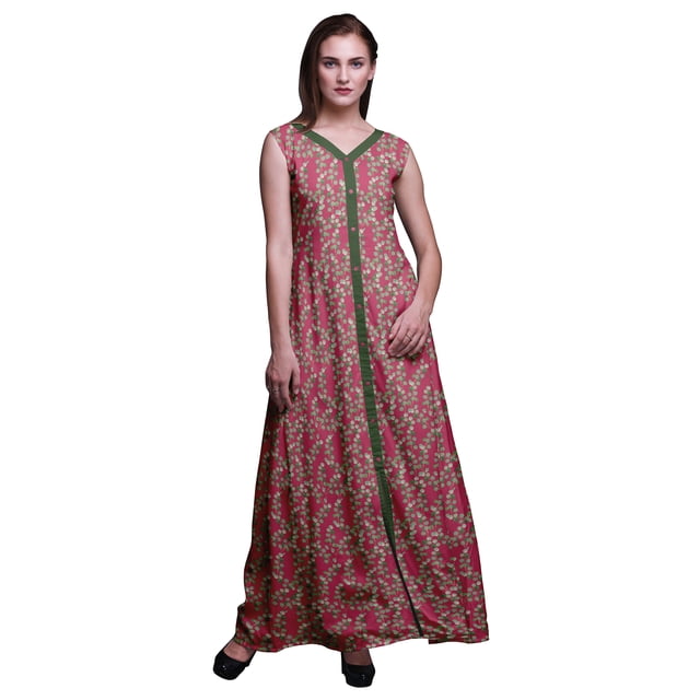 Bimba Robe Anarkali à Feuilles Roses, Col Mandarin, Sans Manches, Kurtis pour Femmes, Robe Maxi à Imprimé, Très Grande