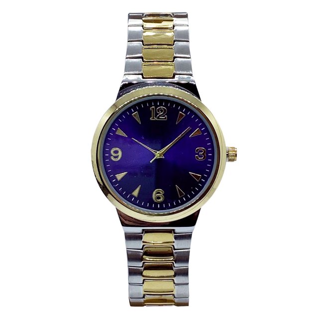 George Men's Two-Tone Expansion Watch with a 20mm stainless steel case and gold bezel, blue sunray dial with gold full numbers at 12, 3, 6, and 9 o'clock, and gold triangular markers. It has an 18mm wide stainless steel expansion band with gold center links and a date window at 3 o'clock. Powered by quartz Japan movement, this watch is ideal for comfortable everyday wear.