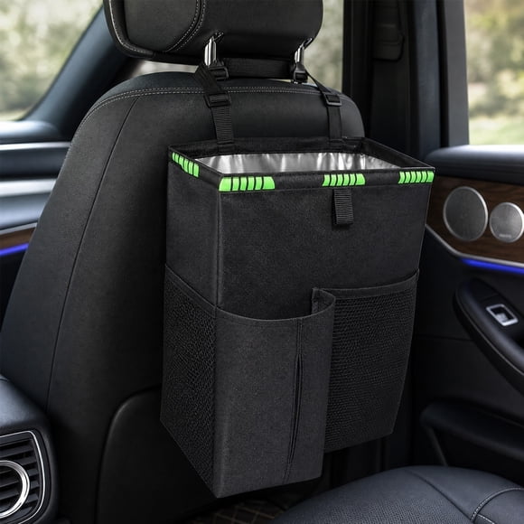 Hanging Car Trash Can With Side Pockets, Waterproof Fabric Auto Garbage Storage Organizer Bag, Car Headrest Seat Back Trash Bag For Vehicle, Black, 13.77x10.23x5.51 Inches