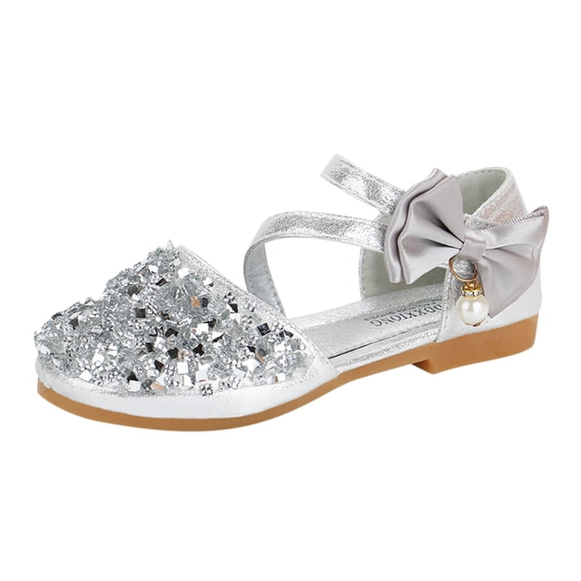 MIASHUI Chaussures de Fille Robe Nœud Papillon Paillettes Princesse Chaussures de Fête Talons Bas Sandales Mary Jane, Argent, 4-4,5 Ans