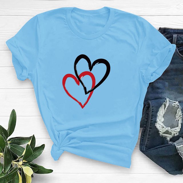 Meichang Hauts pour Femmes, T-Shirts de la Saint-Valentin, Imprimé Cœur, Manches Courtes, Coupe Ample, Col Rond, Mignons