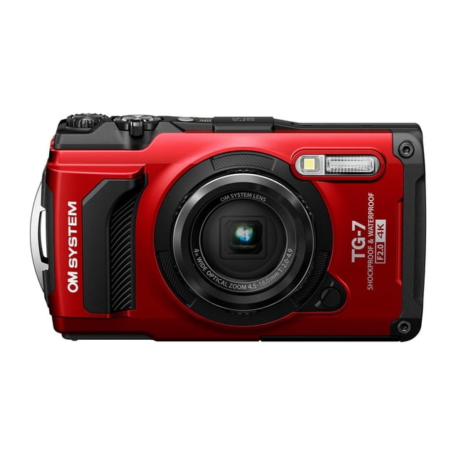 Appareil Photo Numérique OM SYSTEM Tough TG-7 - Rouge, Appareil Photo point-and-shoot Robuste Orienté vers l'Avant avec Boîtier en Métal Rouge et Prise Texturée Noire. Doté d'Un Objectif OM SYSTEM avec zoom Optique 4x, flash Intégré, Étiquettes Antichoc et Étanches, Ouverture F2.0 et Prise en Charge de la Vidéo 4K, Convient à la Photographie Extérieure et macro.