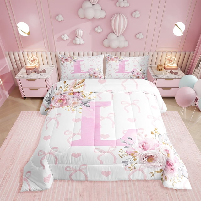 Erosebridal Initial L Letter Bedding Full Comforter Set, Floral Monogrammed Down Comforter, Initial A-Z Decor, Reversible