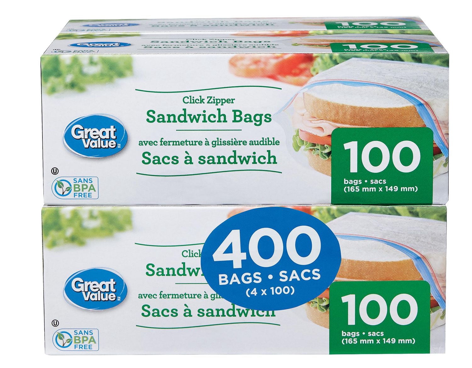 Great Value Click Zipper Sandwich Bags, 400 Bags