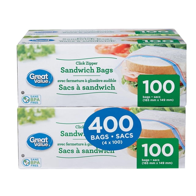 Great Value Click Zipper Sandwich Bags stacked boxes containing 400 disposable food storage bags in four packs of 100 each, BPA-free with sandwich image, sized 165 mm by 149 mm, suitable for sandwich and snack storage.