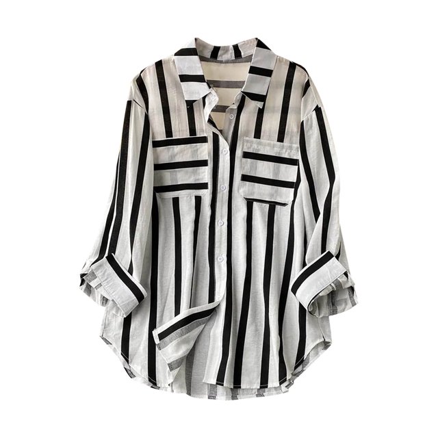 Pompotops Femmes Été Décontracté Mi-Longueur Verticale Rayé Multicolore Chemise Dégagement