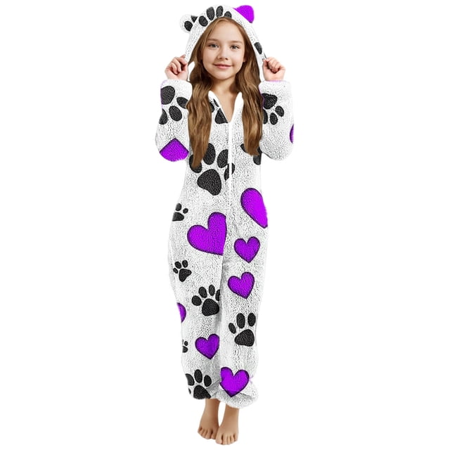 EGNMCR Combinaison Fille à Manches Longues Combinaison à Manches Longues à Capuche Pyjama Combinaison Décontractée d'Hiver Chaude Combinaison de Nuit Fille Combinaison en Polyester