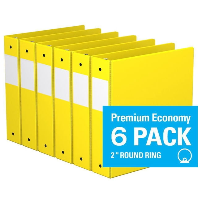 Davis Group, Premium Economy, Round Ring, Binder, 6 Pack, 2" showing six yellow binders with white label holders on the spine, 2-inch round rings, and clear interior pockets for document storage, ideal for conferences, reference, and academic use.