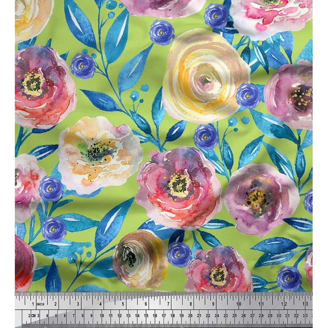 Soimoi Toile de Coton Vert Feuilles & Rose Imprimé Floral 1 Yard 56 Inch Wide