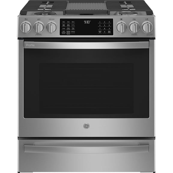 GE Profile Cuisinière à Double Carburant de 30” avec Wi-Fi et Friture à Air Sans Préchauffage en Acier Inoxydable - PC2S930YPFS